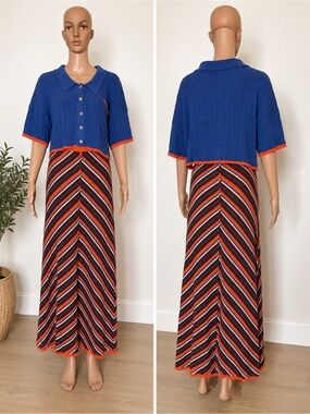 Free People Beach Blue & Orange Knit Two-Piece Maxi Skirt Set XL